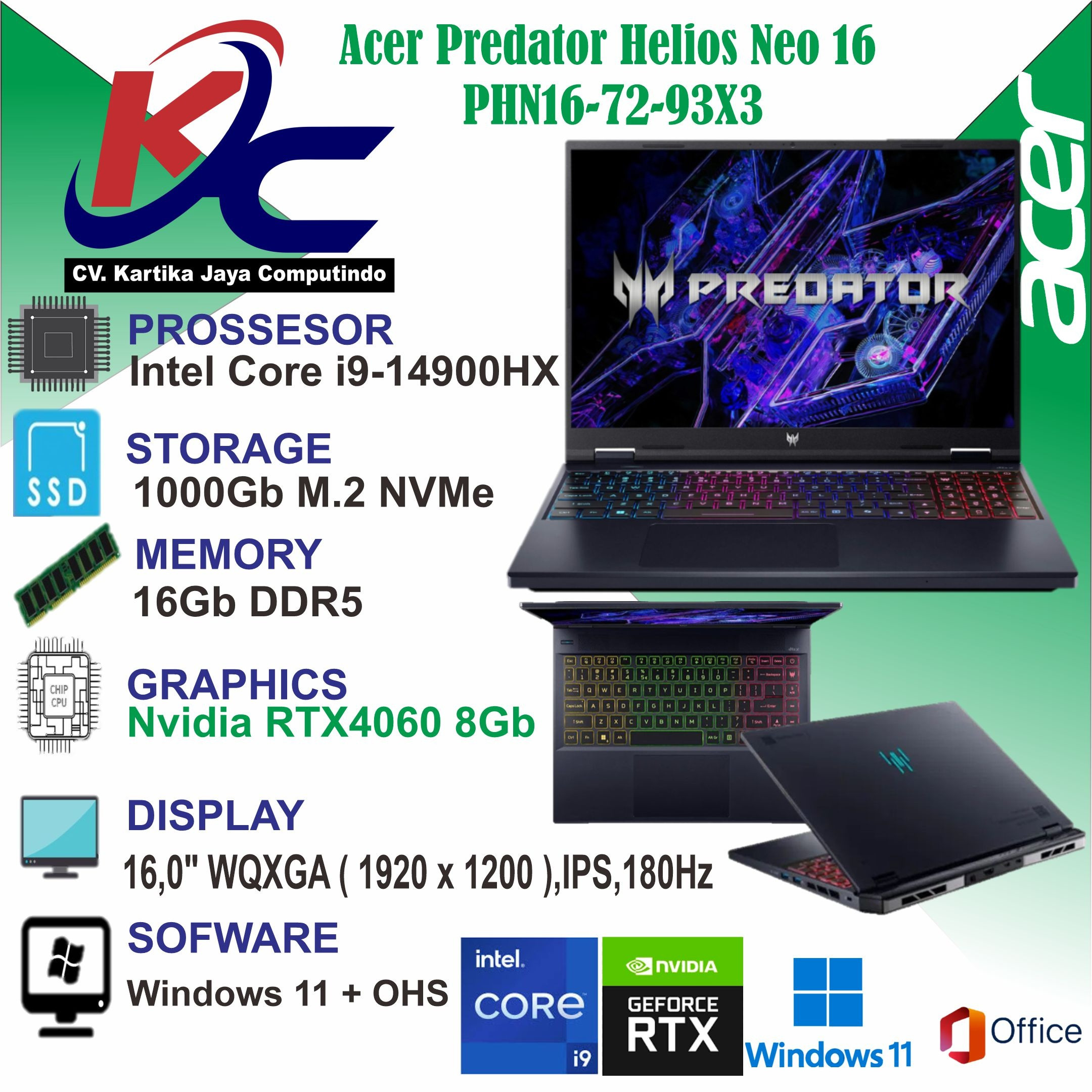 ACER PREDATOR HELIOS NEO PHN16-72-93X3 I9 14900HX / 8GB/ 16GB / SSD 1TB / RTX4060/ W11+OHS BLACK